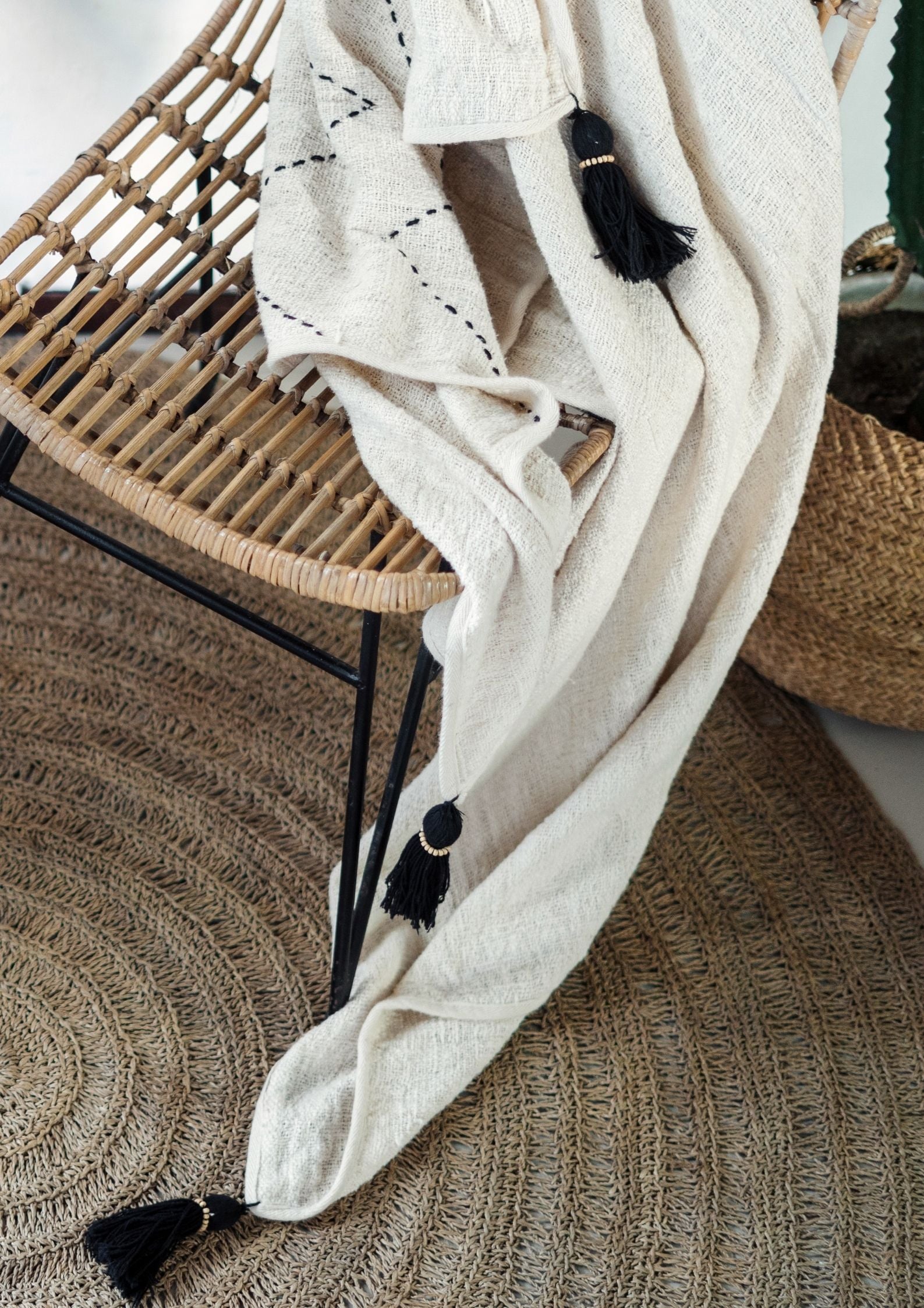 Beige Tassel Bed Throw Blanket Handloom Cotton