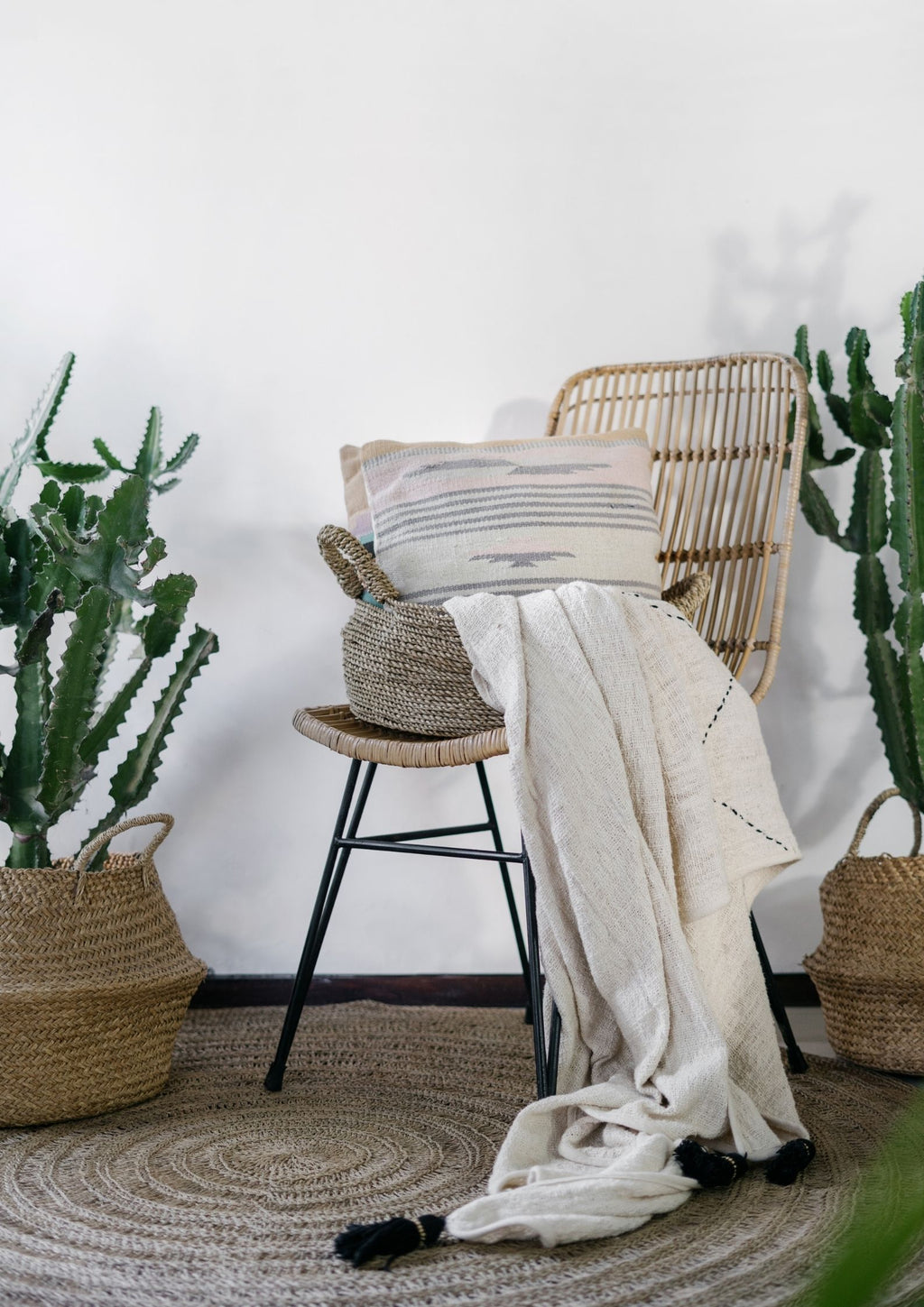 Beige Tassel Bed Throw Blanket Handloom Cotton