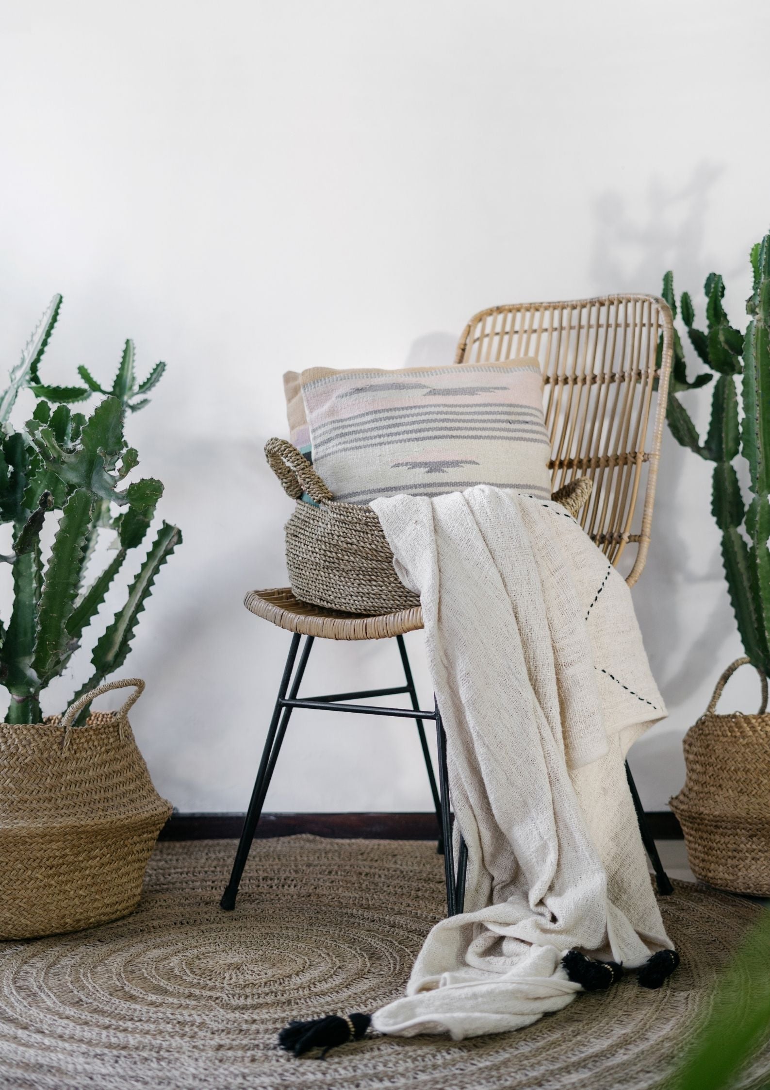 Beige Tassel Bed Throw Blanket Handloom Cotton