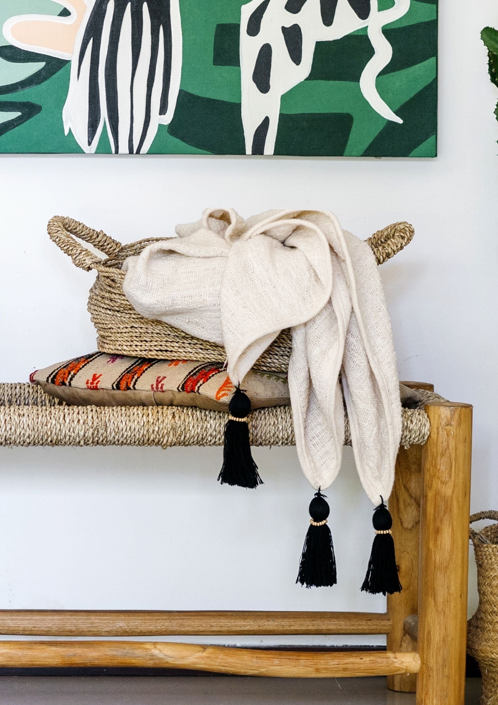 Beige Tassel Bed Throw Blanket Handloom Cotton