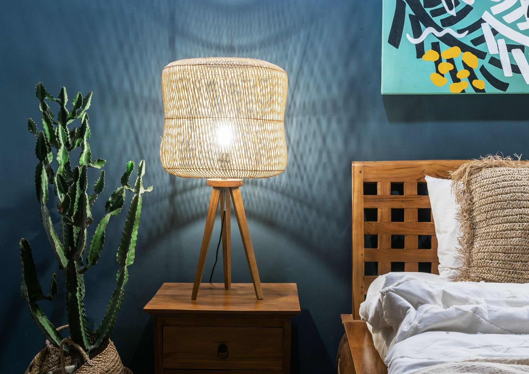 Bali Rattan Tripod Leg Nightstand Table Lamp