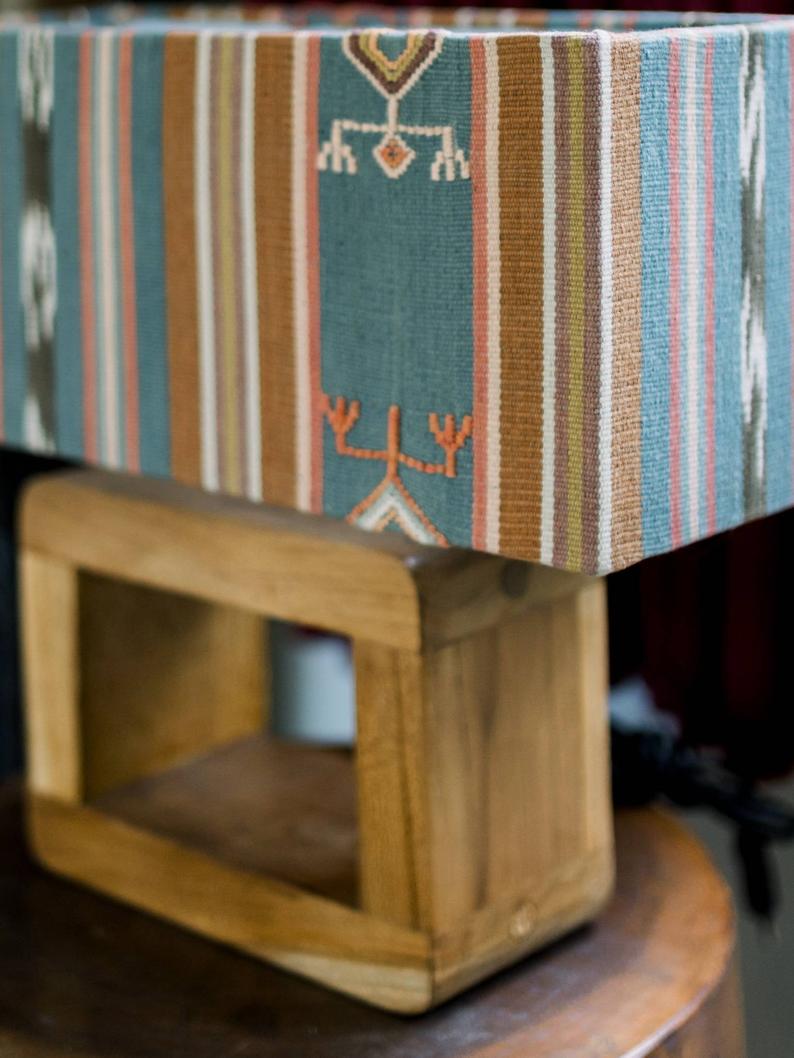 Vintage Blue Ikat Lamp Shade With Teak Base Lamp