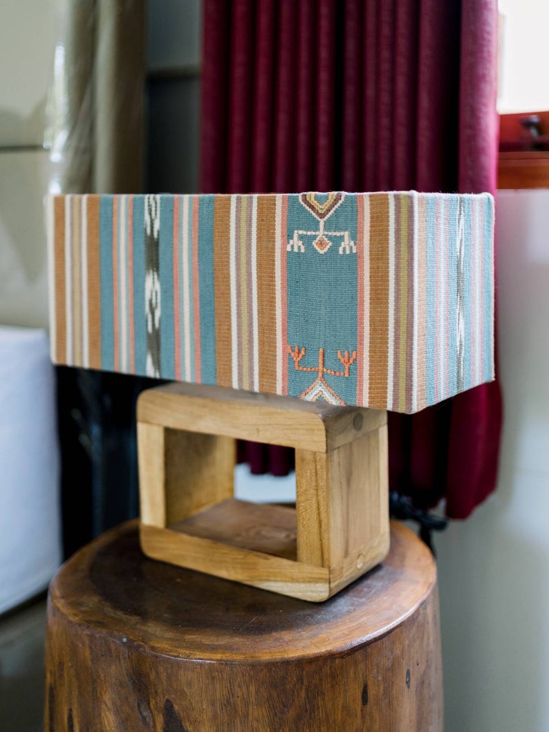 Vintage Blue Ikat Lamp Shade With Teak Base Lamp