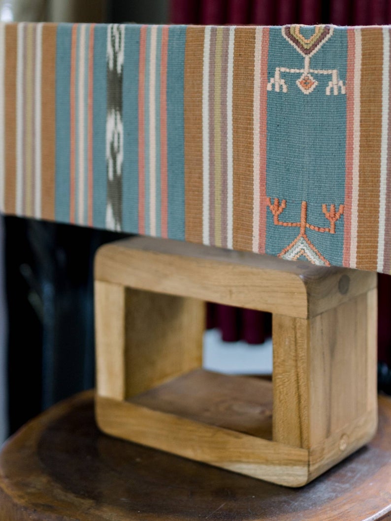 Vintage Blue Ikat Lamp Shade With Teak Base Lamp