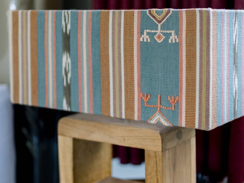 Vintage Blue Ikat Lamp Shade With Teak Base Lamp