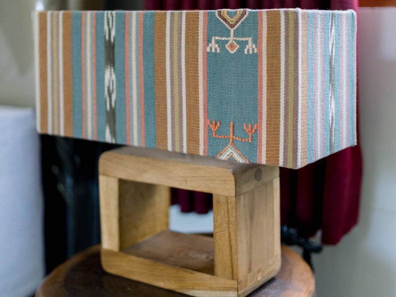 Vintage Blue Ikat Lamp Shade With Teak Base Lamp