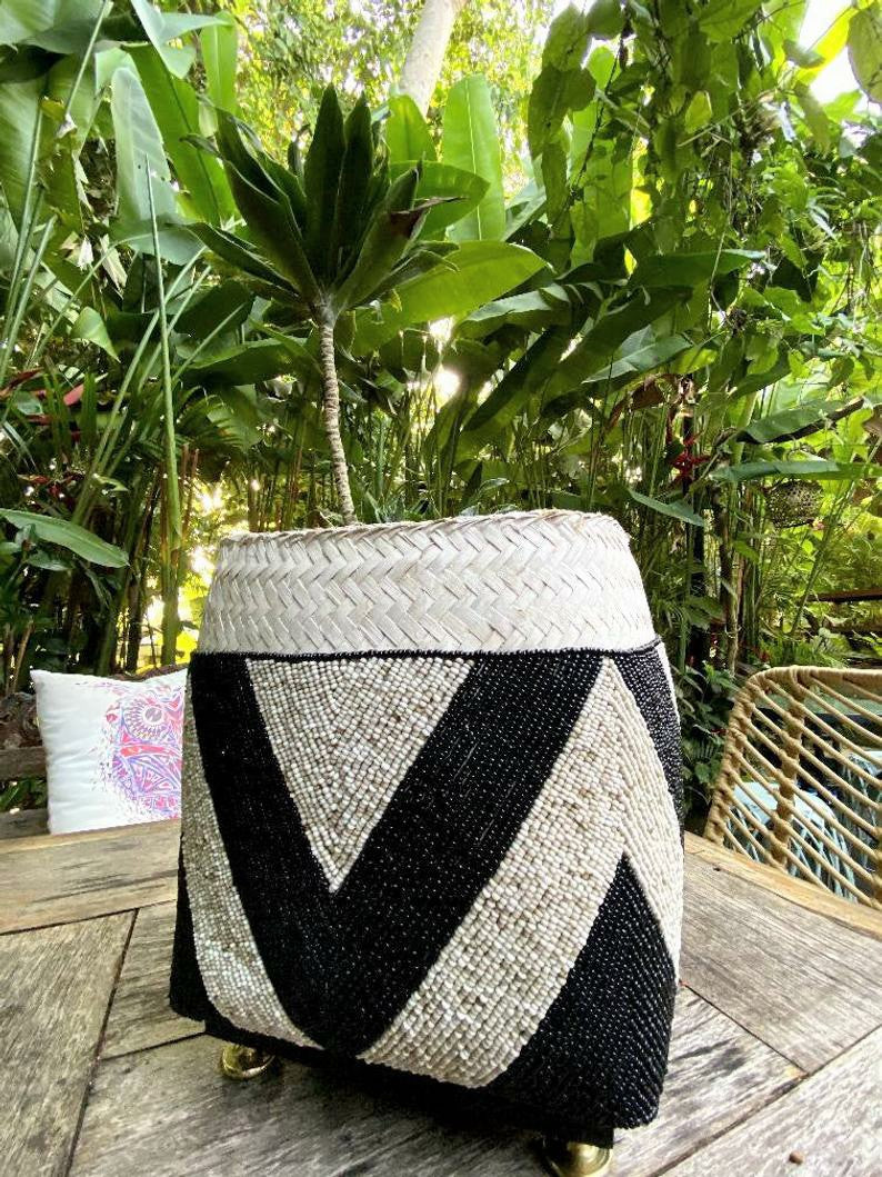 Balinese beaded basket box for plant vase