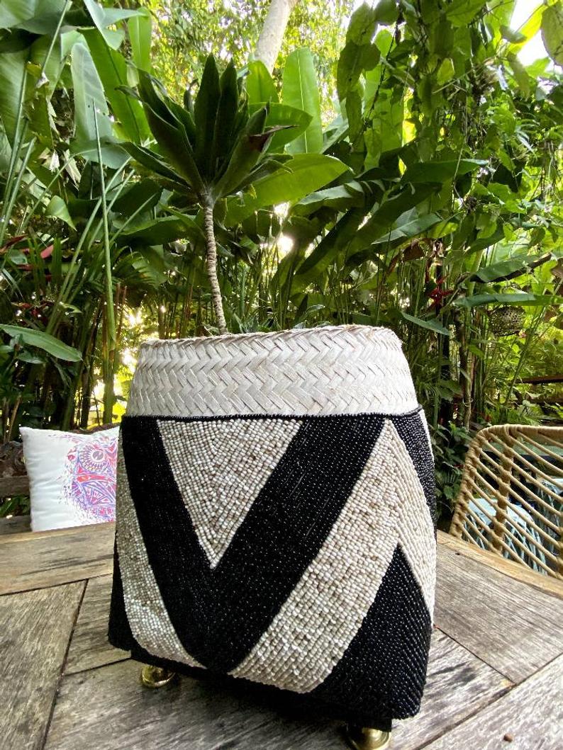 Balinese beaded basket box for plant vase