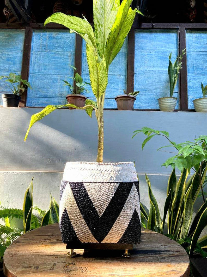 Balinese beaded basket box for plant vase