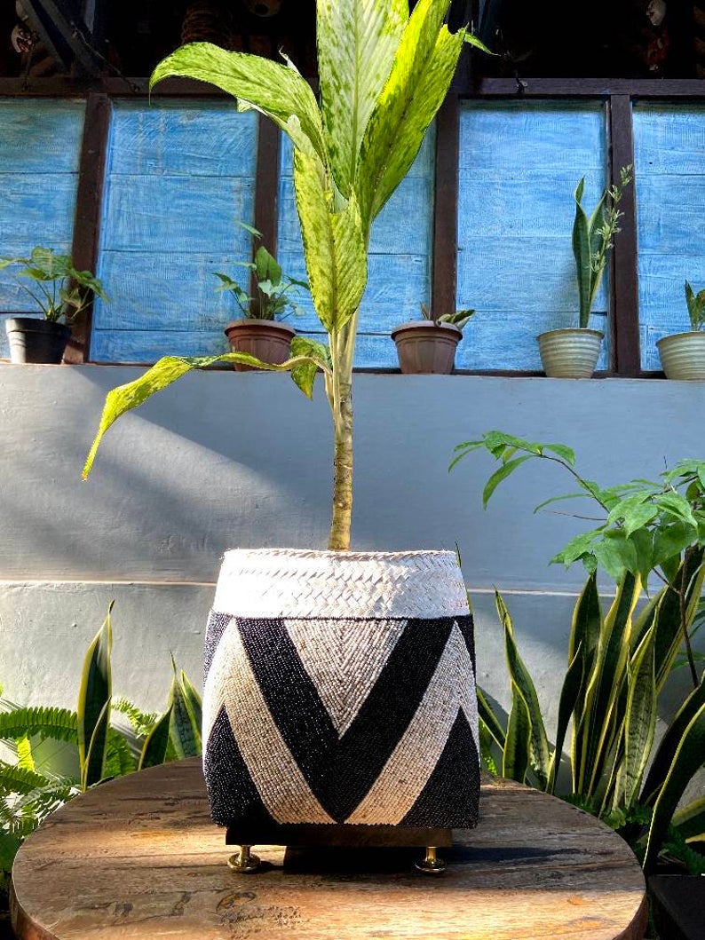 Balinese beaded basket box for plant vase