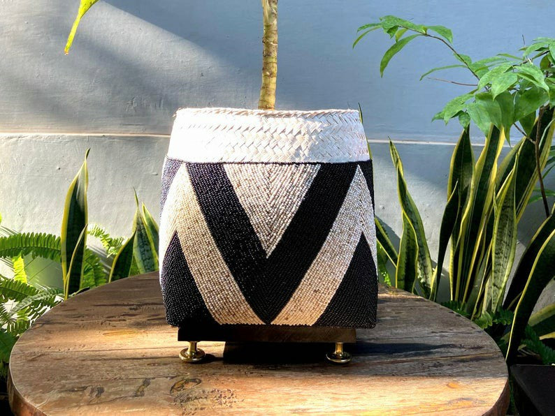 Balinese beaded basket box for plant vase