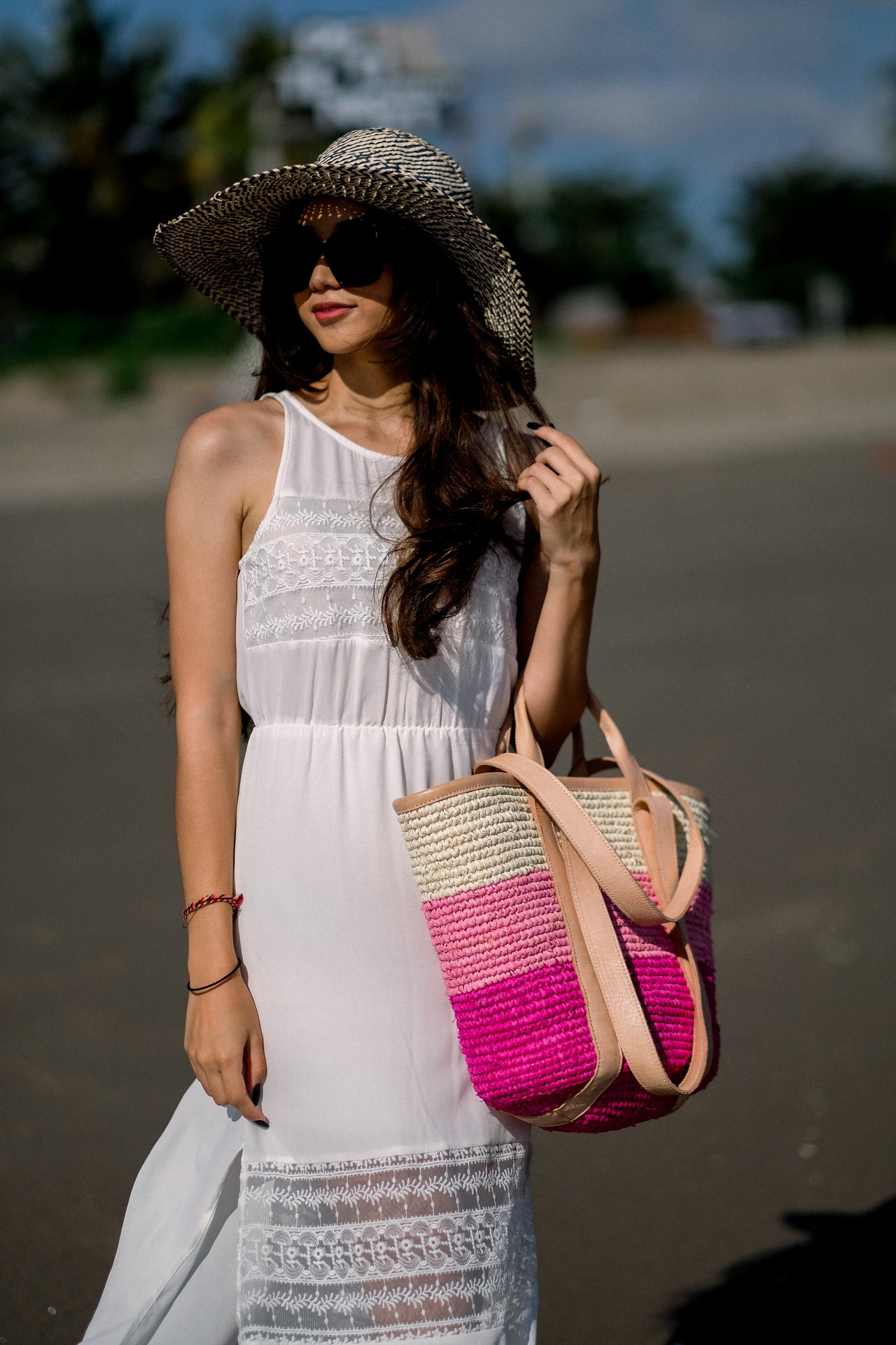 Pink Fuchsia Raffia Straw Bag